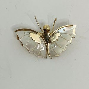 Vintage Antique Gold Tone Mother of Pearl Moth Butterfly Brooch Bouquet Pin